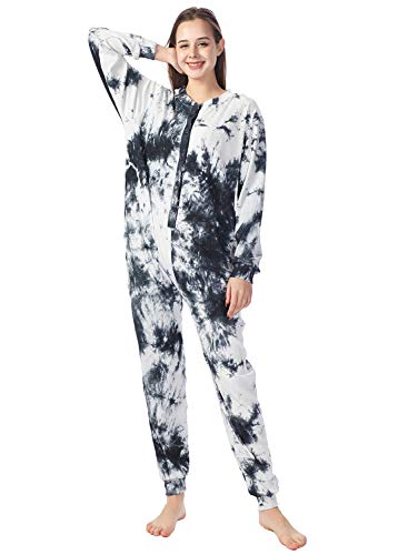 Lifeye Womens Onesie Pajamas Tie-Dye Cotton Romper Thermal Sleepwear Long Sleeve Jumpsuit Homewear Nightwear with Pockets Black White M