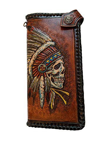 Men's 3D Genuine Leather Wallet, Long Wallet, Biker Wallet, Hand-Carved, Hand-Painted, Leather Carving, Custom Wallet, Personalized Wallet, Indian Skull, Skeleton, Red Man, Native American #TOP2