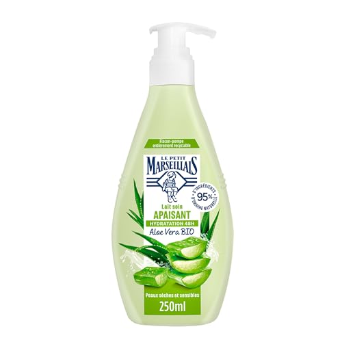 Le Petit Marseillais - Lait Soin Apaisant (Flacon-Pompe de 250 Ml) – Lait Corps pour Peaux Sèches et Sensibles – Lait Corporel Hydratation 48H à l'Aloe Vera Bio