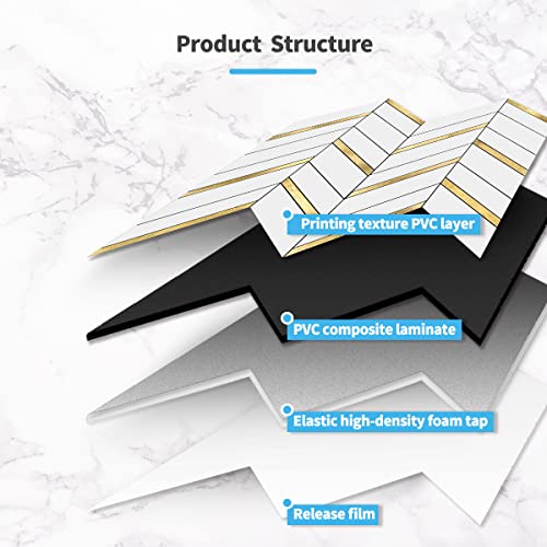 Art3D 10-Sheet Herringbone Peel And Stick Backsplash, Self Adhesive Marble Tiles Stick On Wall Tiles For Kitchen, Bathroom.(White Mixed Gold Metal) #TOP4