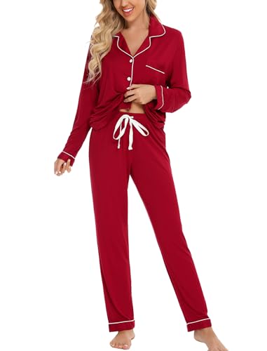 Leikar Button Up Pajama Set for Women Long Sleeve Shirt and Pajama Pants Soft Pjs Lounge Sets, Red, Medium