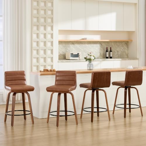 Image of Swivel Bar Stools Set of 4,26 inch Faux Leather Counter Height Barstools with Back,Mid Century Modern Upholstered Bar Chairs with Bentwood Legs Island Stools for Kitchen Counter Brown