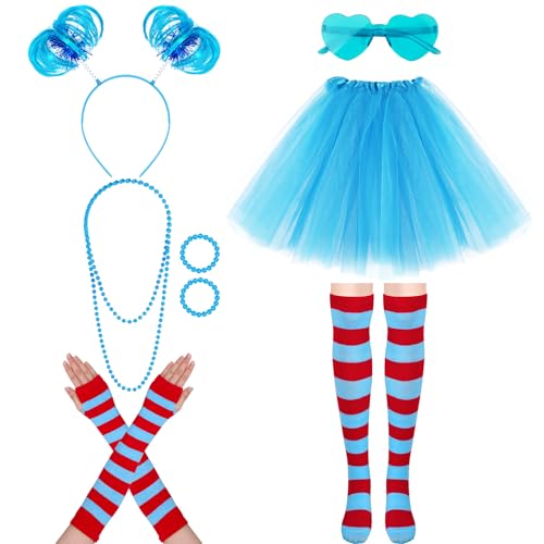 baotongle Women Tulle Tutu Costume Set Striped Thigh High Socks Tutu Skirt Headband for Halloween Dr Seuss Week Cosplay(Sky Blue)
