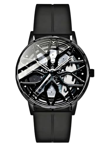 Image of Oculus Men's 3D Car Wheel Rotating Watch, Luxury Sport Quartz with Hollow Hub Dial, Magnetic Silicone Strap, Automotive-Inspired Design, Black Magnetic Straps