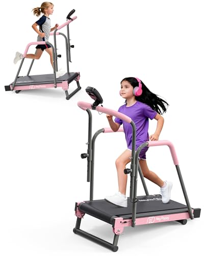 Kids Treadmill Manual Toddler Treadmills Workout Equipment with Handle Bar Up to 165Lbs Capacity Upgraded Treadmill for Kids with 2 Adjustable Incline Mode & 4 Level Upright Height Pink
