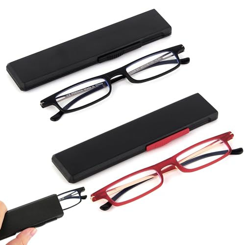 TOVEEN 2 Pack Compact Folding Reading Glasses Anti Blue Light UV, Ultra-thin Slim TR90 Readers with Portable Flat Case for Men Women Red/Black +2.5