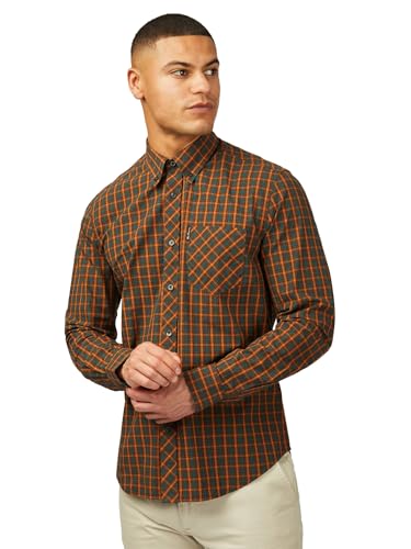 Ben Sherman Men's Signature House Check Shirt, Long Sleeved, Button-Down Collar (Orange) XL