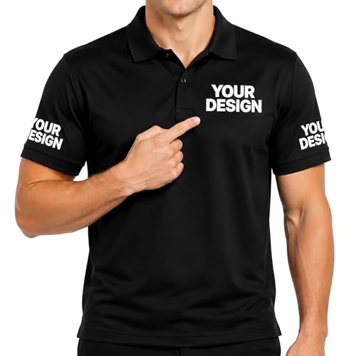 Custom Logo Polo Shirts for Men Women - Personalized with Your Name Photo - Embroidered or Printed Dry Fit Short Sleeve Golf Shirt(Black)