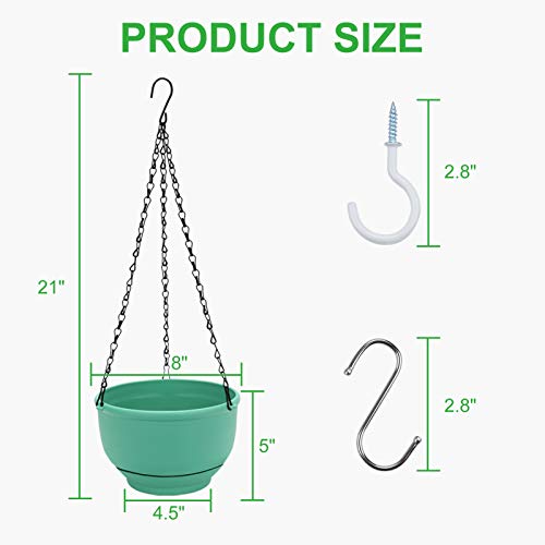 Growneer 2 Packs 8 Inches Plastic Hanging Planter Self Watering Basket With 6 Pcs Hooks, Hanging Flower Pot With Detachable Base For Garden Indoor Outdoor Home Decoration (Green) #TOP1