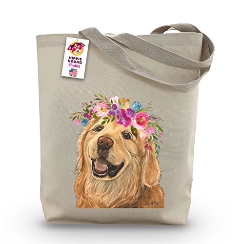 Golden Retriever Tote Bag - Golden Retriever Lover Gift - Flower Crown Golden Retriever Totes -Handmade Totes - Golden Retriever Canvas Totes - Cute Golden Retriever Reusable Shopping Bag