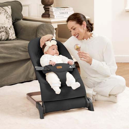 Foldable Baby Bouncer, Baby Seat with 3 Adjustable Heights, Portable Newborn Rocker, Ergonomic Bouncy Seat for Natural Bounce, Bouncer for Babies 0-6 Months, Soft Cotton (Charcoal Gray) - Thumbnail 6