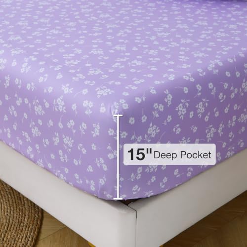 Image of Viviland Full Sheet Set - 4 Piece Cute Purple and White Flower Patterned Bed Sheets - Soft, Breathable Microfiber Sheets with Deep Pocket, Non-Slip Fitted Sheets & Pillowcases