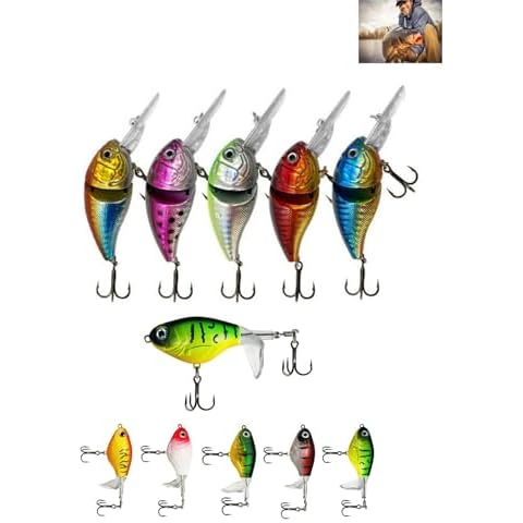 5Pcs Glide Micro Jointed Bait for Bass Minnows with 5 Pack Topwater Baits with Floating Tractor Rotating Tail Propeller Swimbait Shad Crank Hard Baits Swim Animated Fishing Lure Cover
