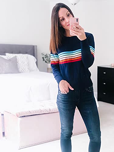 ECOWISH Women's Sweater Rainbow Colorful Striped Sweaters Long Sleeve Crew Neck Color Block Casual Pullover Blouse Tops4