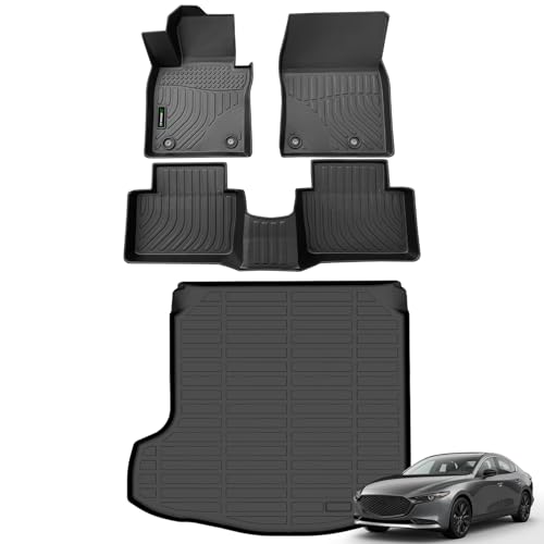 ANBINGO® Floor Mats & Cargo Liner for Mazda 3 (Only for Sedan) 2019 2020 2021 2022 2023 2024 2025 2026 Custom Fit Mazda 3 Sedan All Weather Waterproof Durable TPE Rubber Floor Liner Accessories Black 2)for Mazda 3 Sedan / 2019-2026