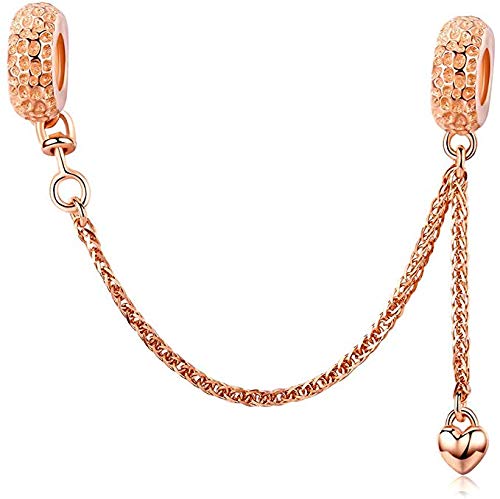 Yashuo925 Sterling Silver Beads Safety Chain Stopper Charms For Pandora Women's European Style Snake Chain Bracelet Jewelry (Rose Gold Safety Chain)