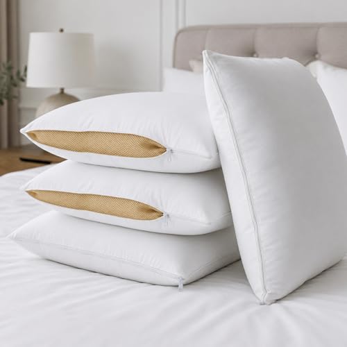 Image of AYKA Height Adjustable Microfiber Sleeping Pillow | Height Adjustable Zip Pillow | Soft & Fluffy Comfort | Hypoallergenic, Breathable & Washable |17x27 Inch | White & Beige | Set of 4