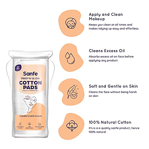 Image of Sanfe Prep 'N' Glow Face Cotton Pads for women - Pack of 80 | Cleans makeup |Cleans excess oil | Soft and gentle on skin with 100% natural cotton