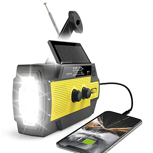 Radio de manivela de emergencia 2022, 4000 mAh, radio meteorológica portátil AM/FM/NOAA con linterna de 1 W y lámpara de lectura con sensor de movimiento, cargador de teléfono celular, alarma SOS para