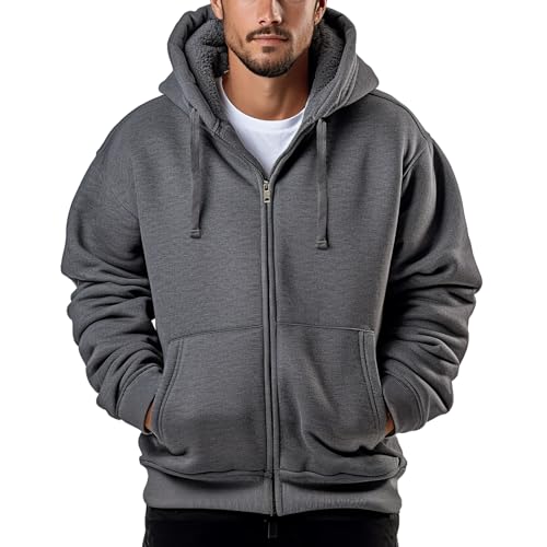 Genafy Dark Grey Sherpa Lined Hoodie for Men, Zip Up Fleece Jacket Mens Full Zip Hoodies Winter Coats Men's Fashion Warm Outerwear Thick Sweatshirts XL