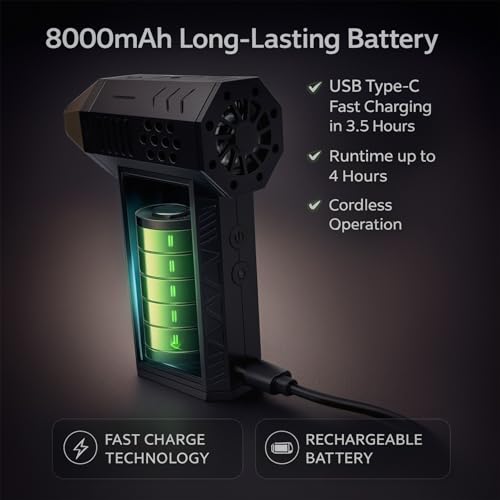 Image of KUNCHI Cordless Portable Air Blower | 8000mAh Rechargeable Battery | 150000 RPM Voilent Fan | High-Speed BLDC Motor | 3 Speed | Small LED | USB Type-C | Cleaning for Car, Laptop Sofa & Home (X6 PRO)