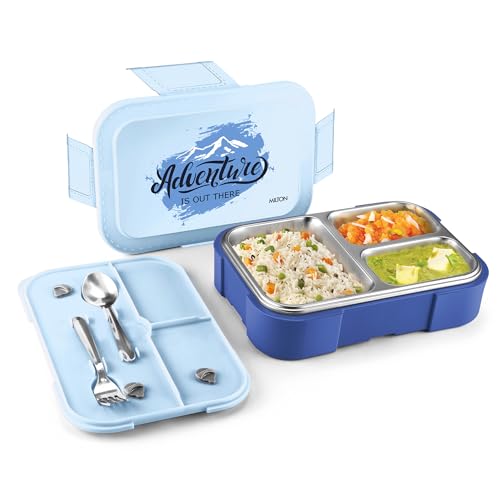 Image of Milton Bravo 3 Inner Stainless Steel Tiffin Box for School, 3 Partition, Steam Release Plug| PU Insulated, Leak-Proof, Food Grade I Lunch Box for Kids Boys,Girls with Snap Lock Lid, 600 ml, Light Blue