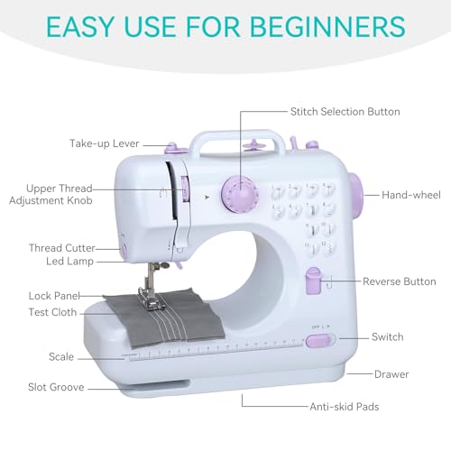 Mini Sewing Machine for Beginners, Portable Electric Sewing Machine with Dual Speed, 12 Built-in Stitches, Foot Pedal, and Accessories Kit for Home DIY Projects & Gift