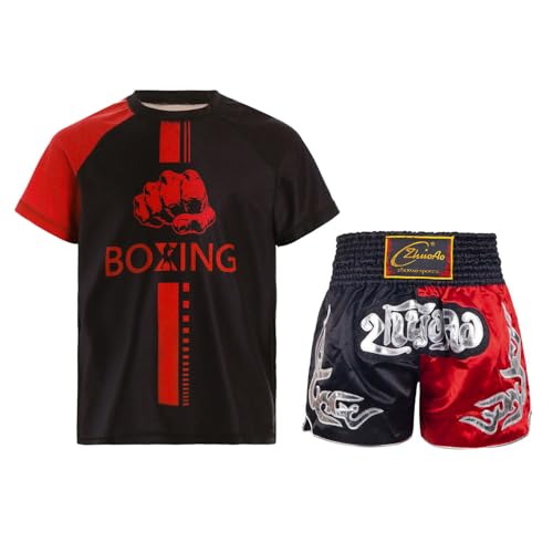 Oyolan Enfant Garçon Short de Boxe et T-Shirt Ensemble de Boxe Combat Muay Thai MMA Kick Boxing Tenue A Noir Rouge 7-8 Ans