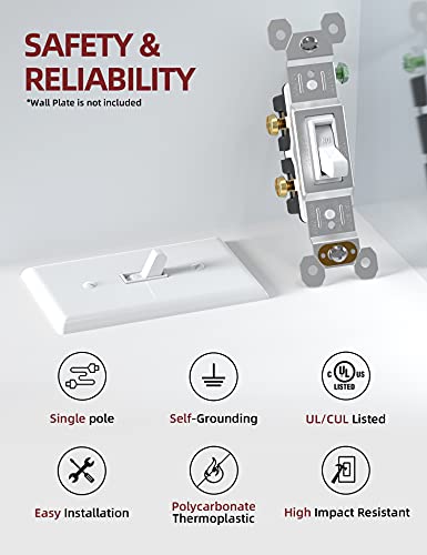 Aida 15 Amp Toggle Light Switch, Single Pole, Grounding Screw, Residential Grade Electrical Wall Switch, Ul Listed (White, 10 Pack) #TOP1