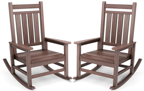 SERWALL Outdoor Rocking Chair Set of 2, HDPE Rocking Chair for Adults, All Weather Porch Rocker for Lawn Garden, Unique Color Matching Each Chair Varies, Multi-Tone Brown