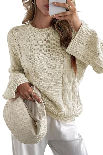 Image of Cakulo Womens Oversized Pullover Sweaters Bell Sleeve Chunky Cable Knit Sweater Crewneck Trendy Knitted Tops 2025