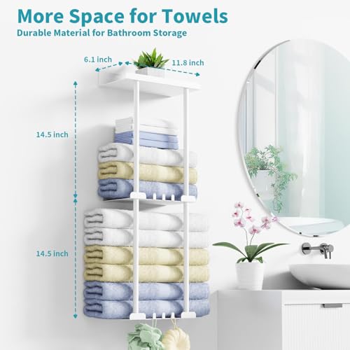 Miniatura 4 de Toallero De Pared Con Estante Y 6 Ganchos, Organizador De Baño Blanco