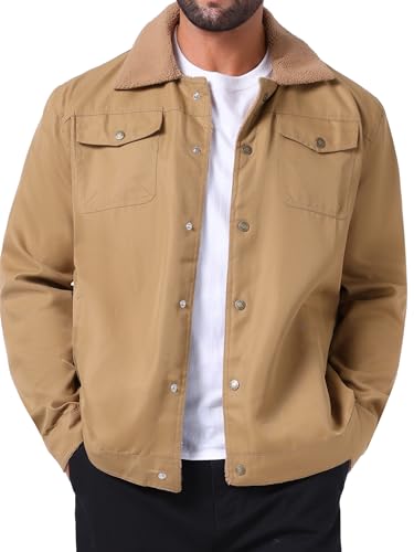 Men's Winter Coat Collared Button Front Fleece Lining Cargo Trucker Jacket