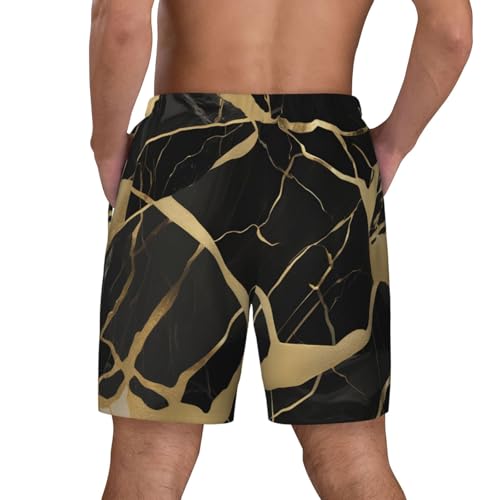 Black Marble Texture Gold Print Mens Swim Shorts Trunks Inseam Compression Liner Quick Dry Zipper Pocket4