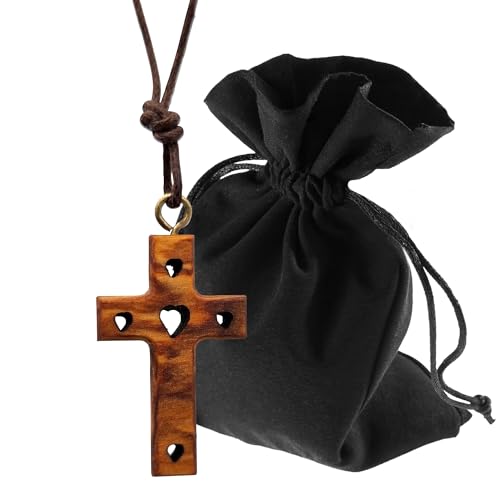 Lunexus Collier croix en bois d'olivier avec symbole de cœur - Fait à la main Bethléem - Pendentif chrétien béni avec certificat - Cordon avec trois nœuds Trinité avec ruban de 80 cm et pochette en