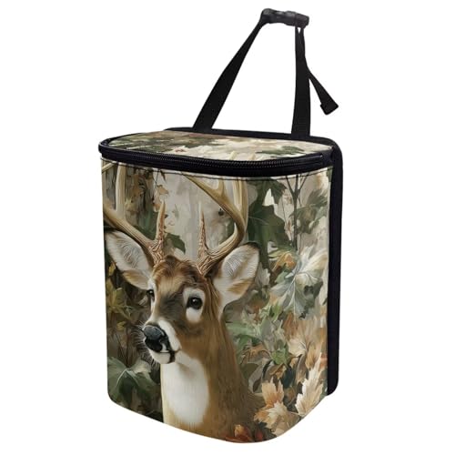 Image of Talayituse Forest Elk Hunting Camo Print Car Trash Can with Lid, Leak Proof Auto Trash Bag Hanging Vehicle Garbage Can Multipurpose Storage Container for Back Seat Road Trip