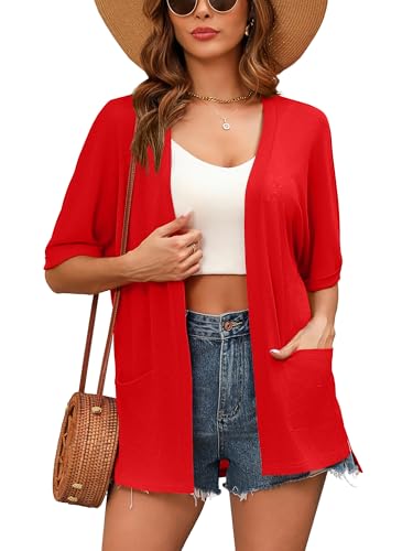 Image of Women's Lightweight Open Front Cardigans Short Sleeve Casual Soft Sheer Cardigan S-2XL with Pockets