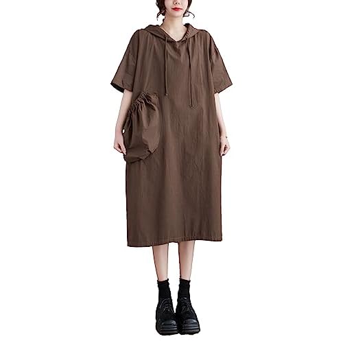 ellazhu Women's Summer Half Sleeve Midi Length with Big Pocket Solid Color Dress with Hood GA2669 Small-X-Large Coffee