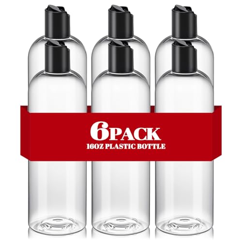 Image of 6 Pcs 16 oz Clear Plastic Empty Bottles with Black Disc Top Caps, Squeezable Refillable Shampoo Bottles Travel Cosmetic Containers for Lotions, Body Soap Cream