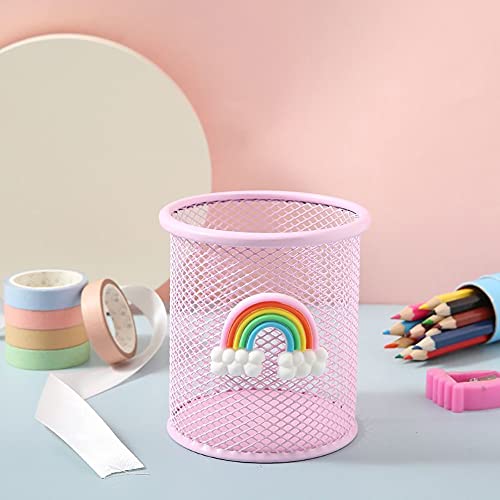 HBYMYDA Pen Holder Metal Mesh Pencil Holder Round Desk Tidy Pen Pot with Rainbow Pattern for Desk Office Pen Organizer Pink 2 Pack