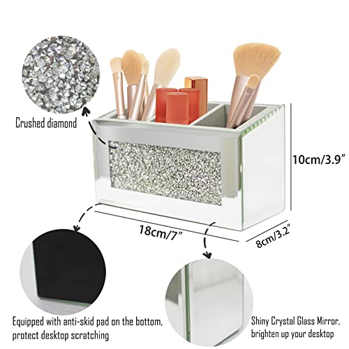 Hmrcyte Silver Mirror Makeup Brush Holder Organizer, 3 Slot Crystal Glass Cosmetic Brush Storage Holder, Bling Crushed Diamond Pen Pencil Holder For Vanity, Luxury Eyeliner Display Case For Home Decor #TOP1