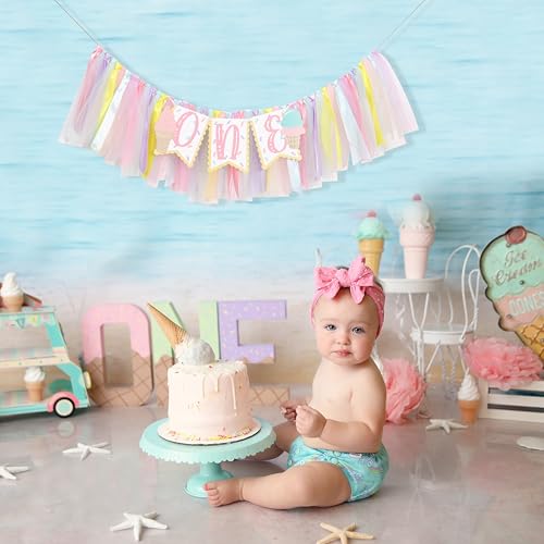 Ice Cream One High Chair Banner - Summer 1st Birthday Party Decorations, Girl First Birthday Highchair Banner, Sweet One Cake Smash Party Decorations, Hanging Banner Photo Props - Thumbnail 5