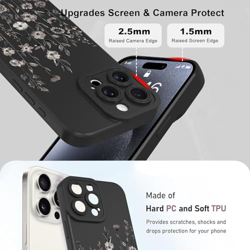 Image of Designed for iPhone 15 Pro Case Flower for Women Girls, Black | Cute Floral Pattern Liquid Silicone Phone Case [Full Camera Protection] Slim Soft TPU Protective Cover