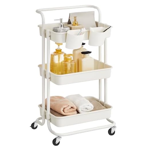 Amazon Basics – Küchenwagen, Servierwagen, Metall, 2 Ebenen, mit Ablage, Weiß 8 SONGMICS Rollwagen, 3 Ebenen, Servierwagen, Küchenwagen mit Griff, 2 kleine Einhängefächer, 2 Bremsen, Ablagefächer aus Kunststoff, einfacher Aufbau, Schlafzimmer, Waschküche, weiß BSC067W01