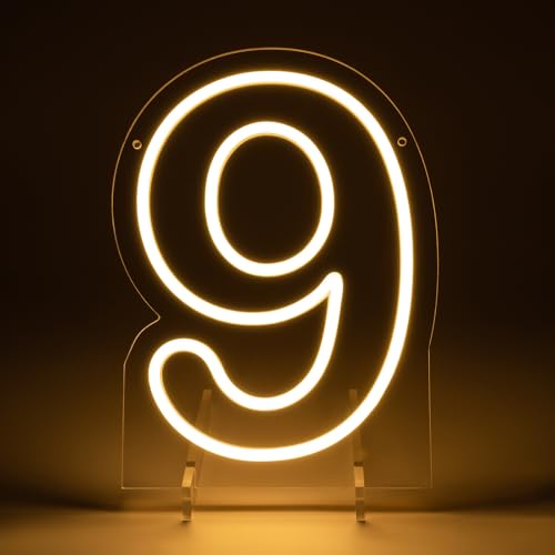 Image of Number 9 LED Neon Sign Backdrop Birthday Party Decoration, 11.3 inch Height Warm White Marquee Numbers Nine Light Up Sign for Wedding Anniversary Window Wall Table, Indoor Battery Operated or USB