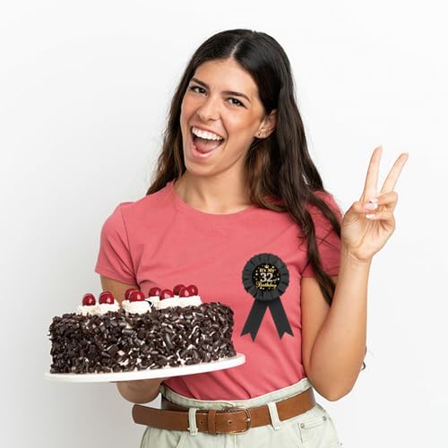 Image of It's My 32nd Birthday Tinplate Badge Pin, Gold Diamond Happy 32nd Birthday Button Pin, Thirty Two Birthday Black Rosette Award Ribbon Pin for Women, Brooch Buttons for 32 Years Old Birthday Party Decoration