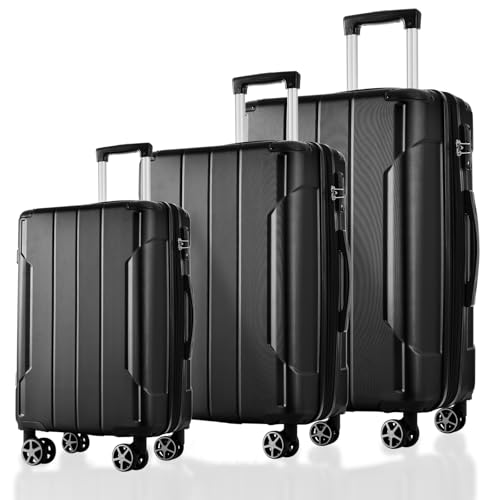 3 Piece Luggage Set with TSA Lock and Double Spinner Wheels, Expandable Hard Shell ABS Suitcases (20/24/28inch)(Black)
