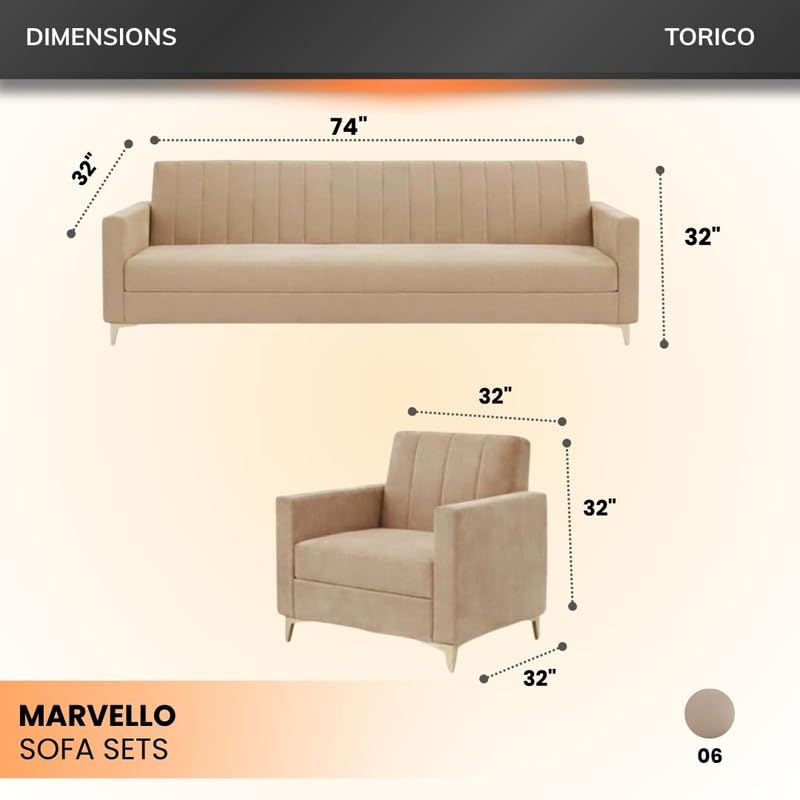 Image of Marvello 3+1+1 Fabric Sofa Set for Living Room | Soft Velvet Upholstery, Sturdy Wooden Frame | Stylish Sofa for Hall & Office Spaces (Beige)