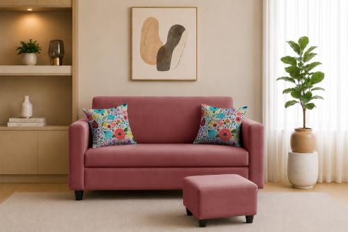 Image of Rosebell 2 Seater Sofa with Ottoman | Living Room Couch | with Printed Cushions | Sofa for Home, Apartment & Office-Rose Pink Color