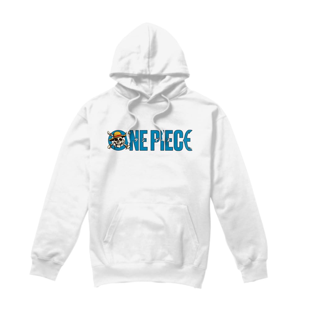 One Piece Luffy Jolly Roger Blue Logo Unisex Hoodie, White, XX-Large